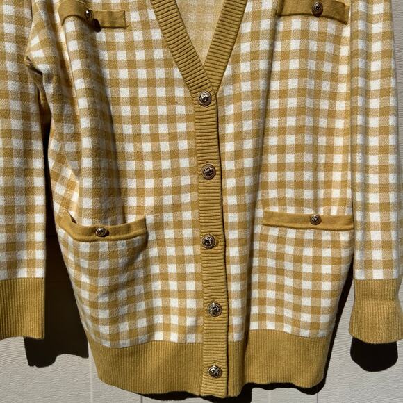 Joie Oversized Gingham Plaid Button Front Cardigan Yellow Mustard White Sz XL - Picture 5 of 12